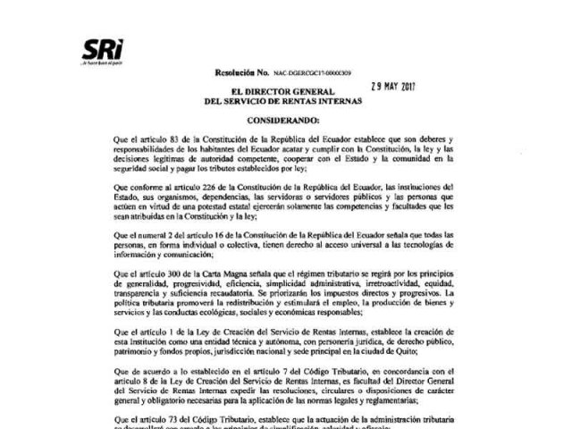 Resolución 309 SRI - Obligatoriedad de emitir comprobantes electrónicos